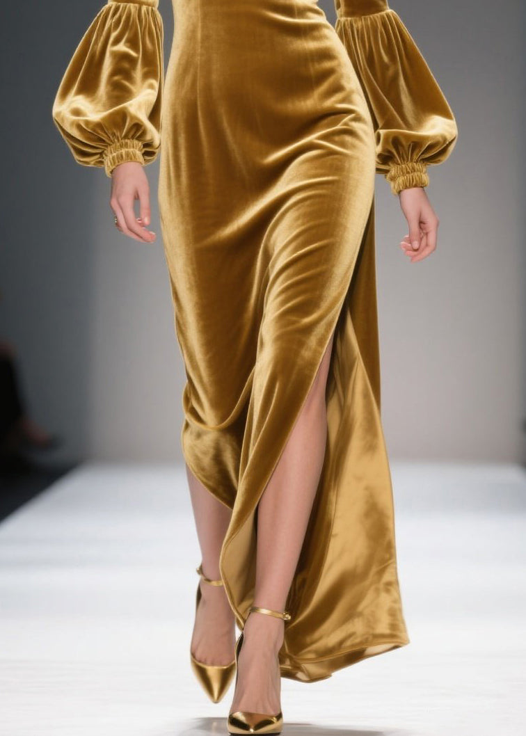 Sweetheart Neck Lantern Sleeve Velvet High Split Maxi Dress 4