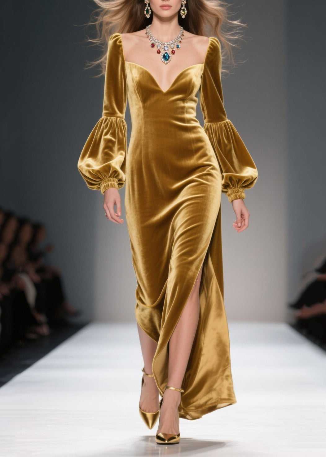 Sweetheart Neck Lantern Sleeve Velvet High Split Maxi Dress 5