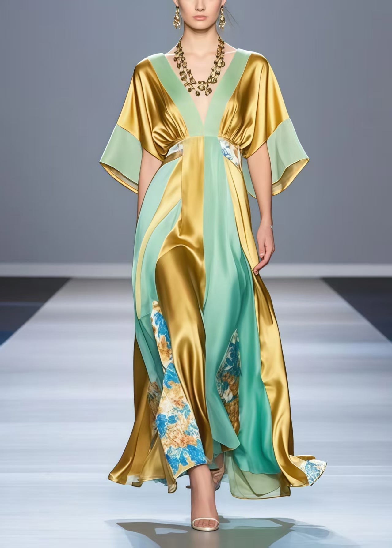 Satin Deep V-Neck Kimono Sleeve Paneled Floral Insert Maxi Gown