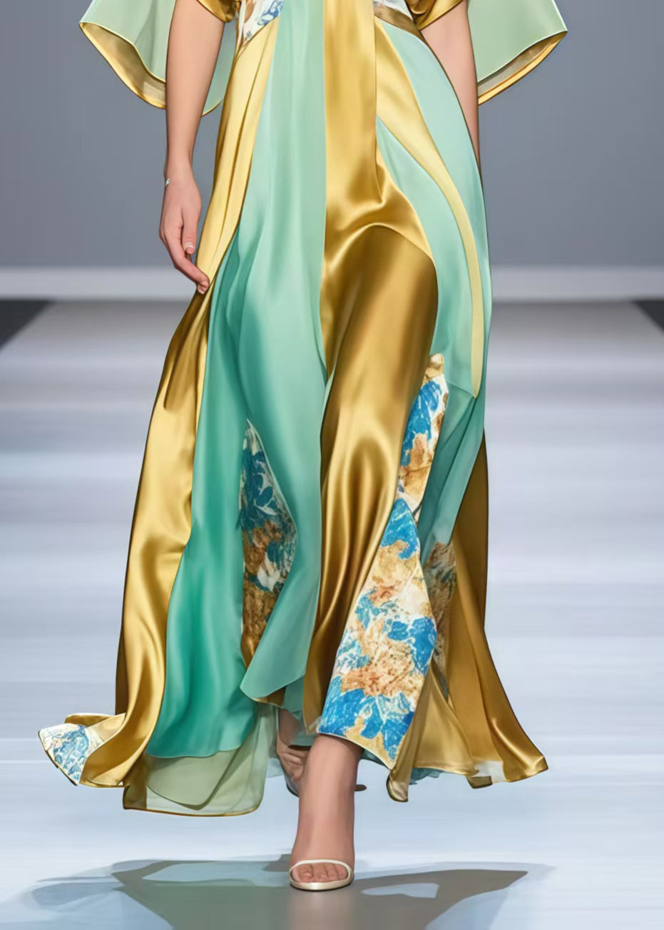 Satin Deep V-Neck Kimono Sleeve Paneled Floral Insert Maxi Gown