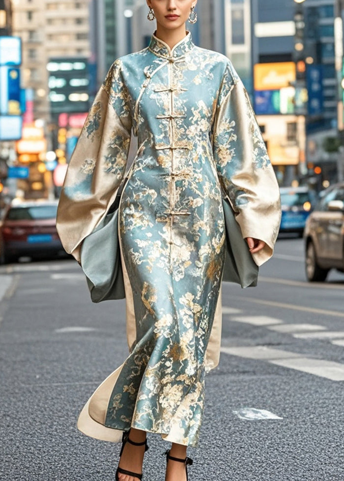 Brocade Mandarin Collar Frog Button Bell Sleeve Maxi Gown