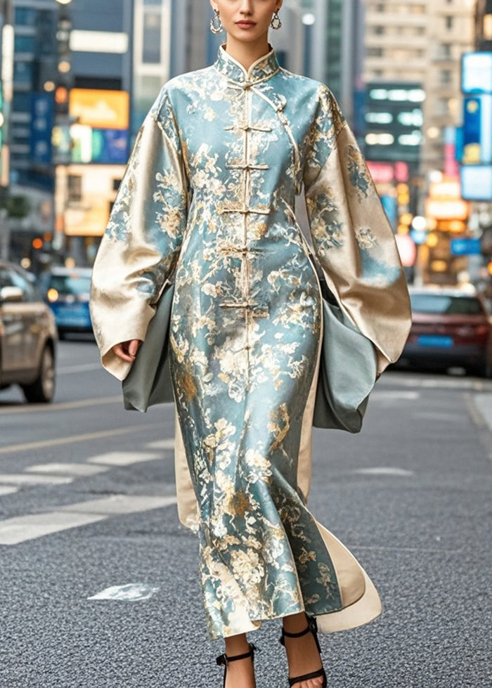 Brocade Mandarin Collar Frog Button Oversized Bell Sleeve High Split Maxi Gown