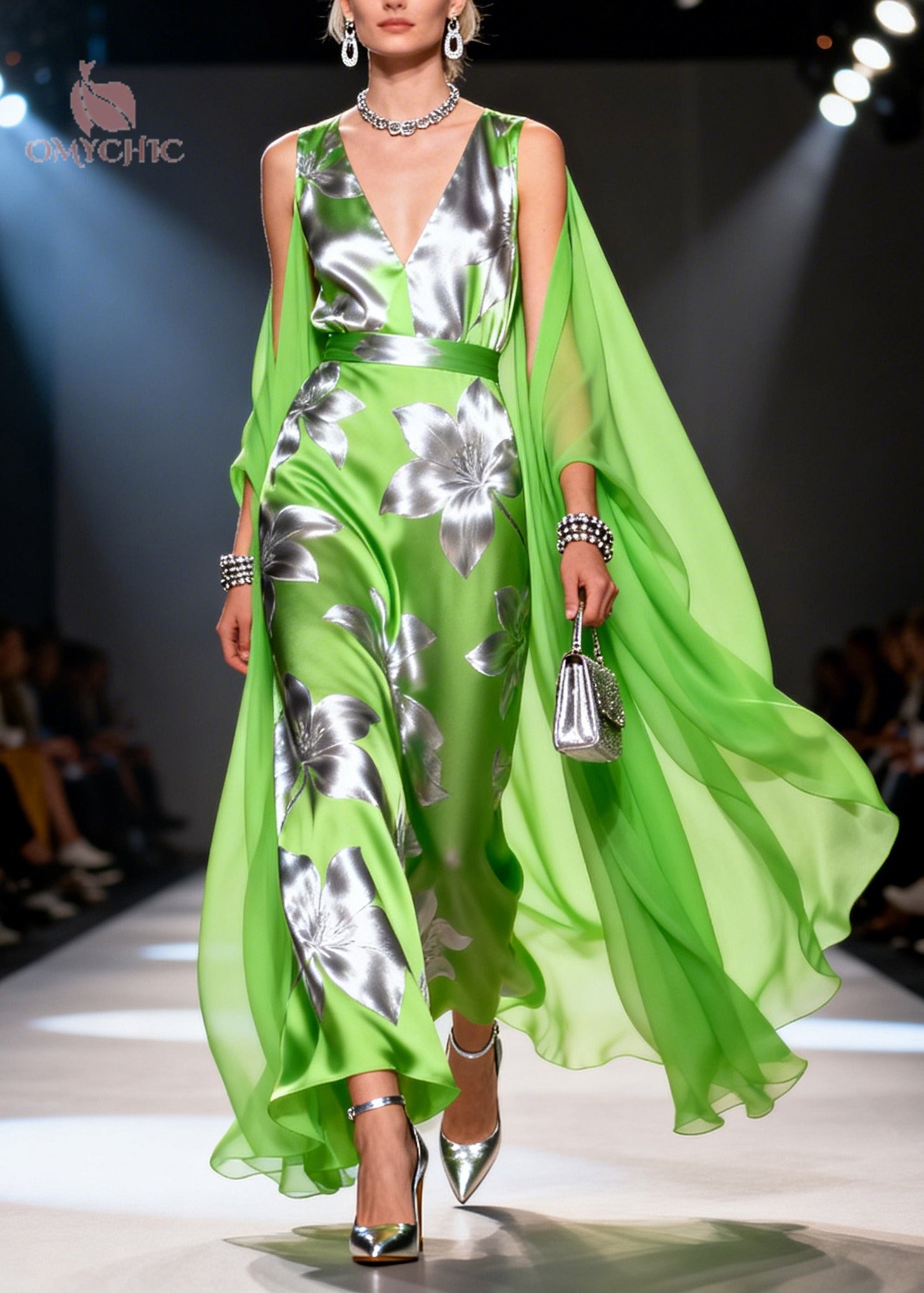 Satin Deep V-Neck Sleeveless Metallic Floral Belted Sheer Cape Maxi Gown