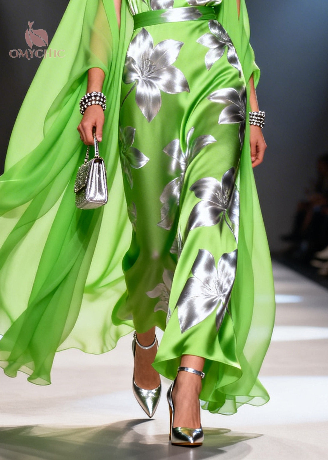 Satin Deep V-Neck Sleeveless Metallic Floral Belted Sheer Cape Maxi Gown