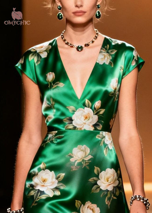 V-Neck Silk Floral Patchwork Midi Dress