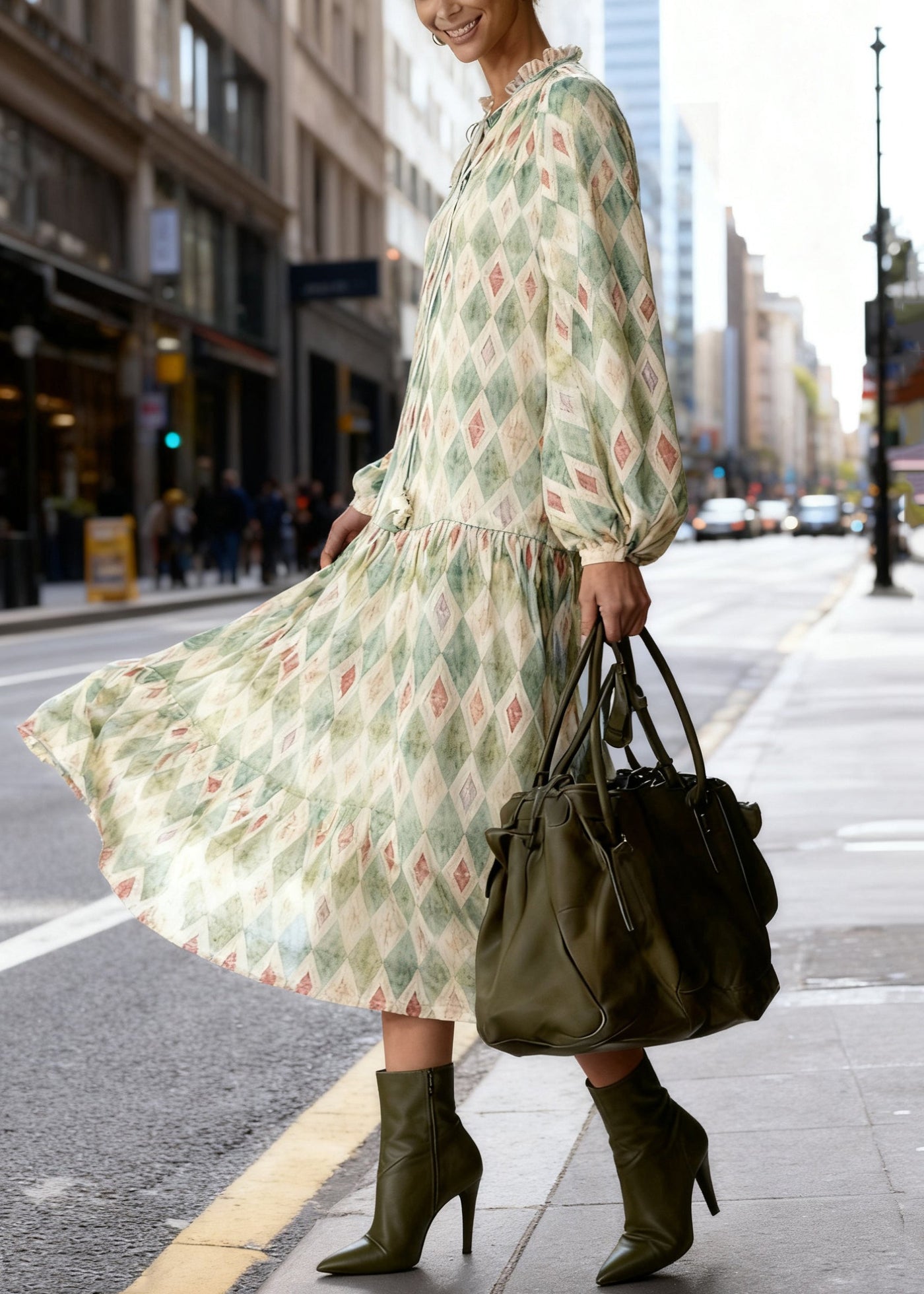 Art Green Ruffled Geometricn Lace Up Long Dress Spring 3