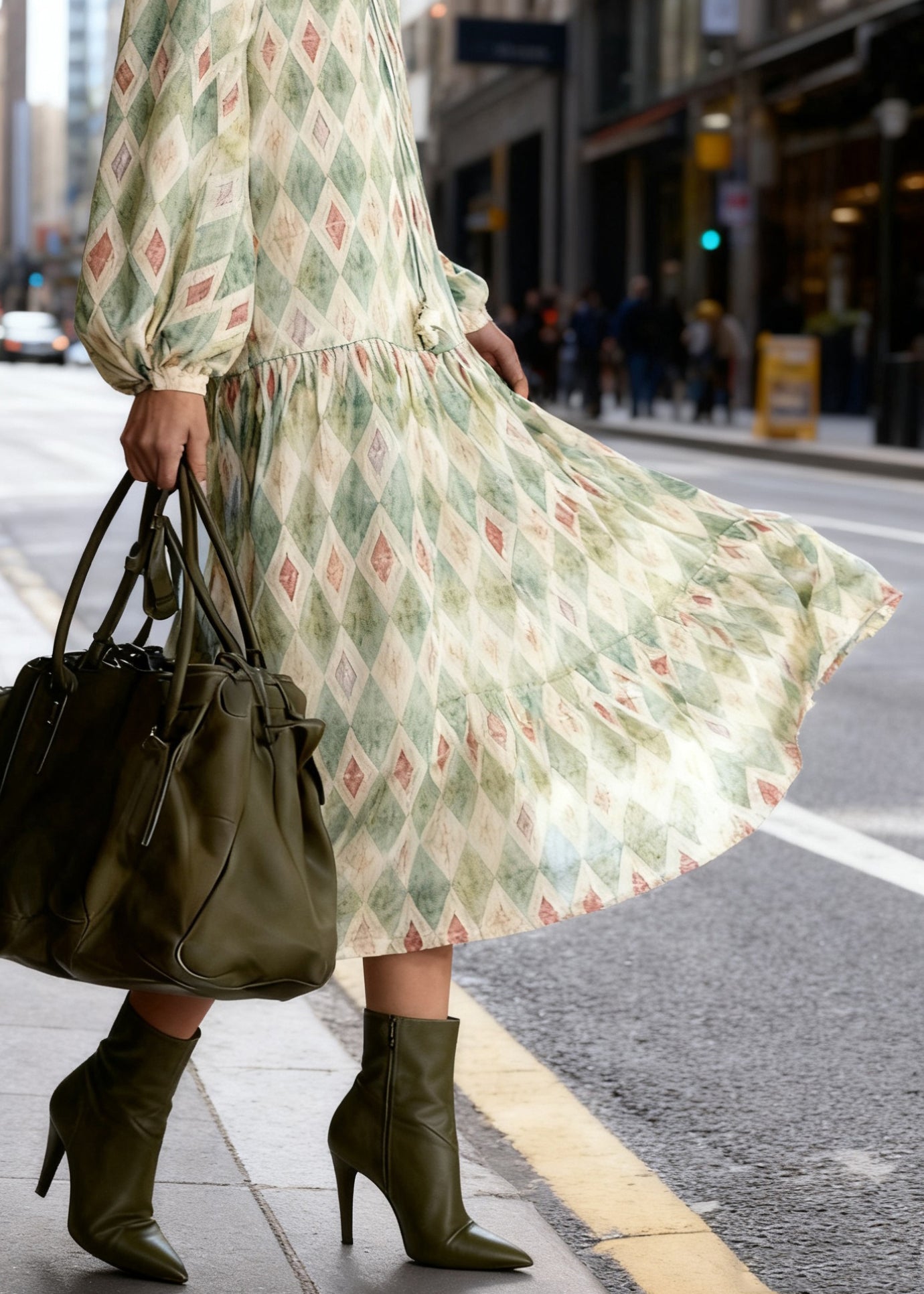 Art Green Ruffled Geometricn Lace Up Long Dress Spring 4