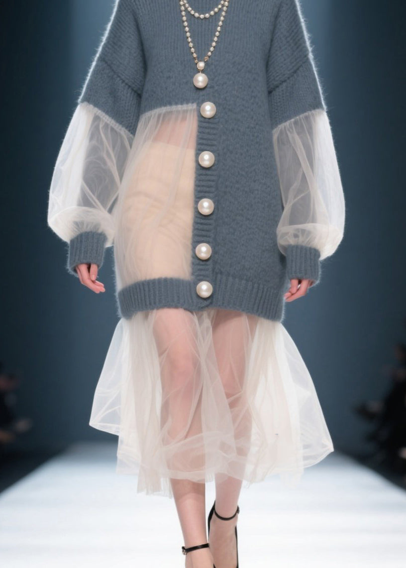 Knit Tulle Patchwork Pearl Button Bishop Sleeve Tiered Midi Dress