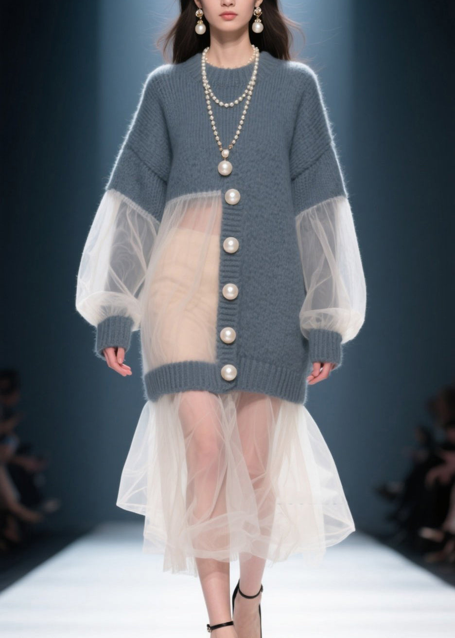 Knit Tulle Patchwork Pearl Button Bishop Sleeve Tiered Midi Dress