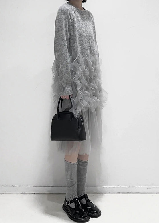 Art Grey Ruffled Solid Tulle Patchwork Knit Dress - View 4