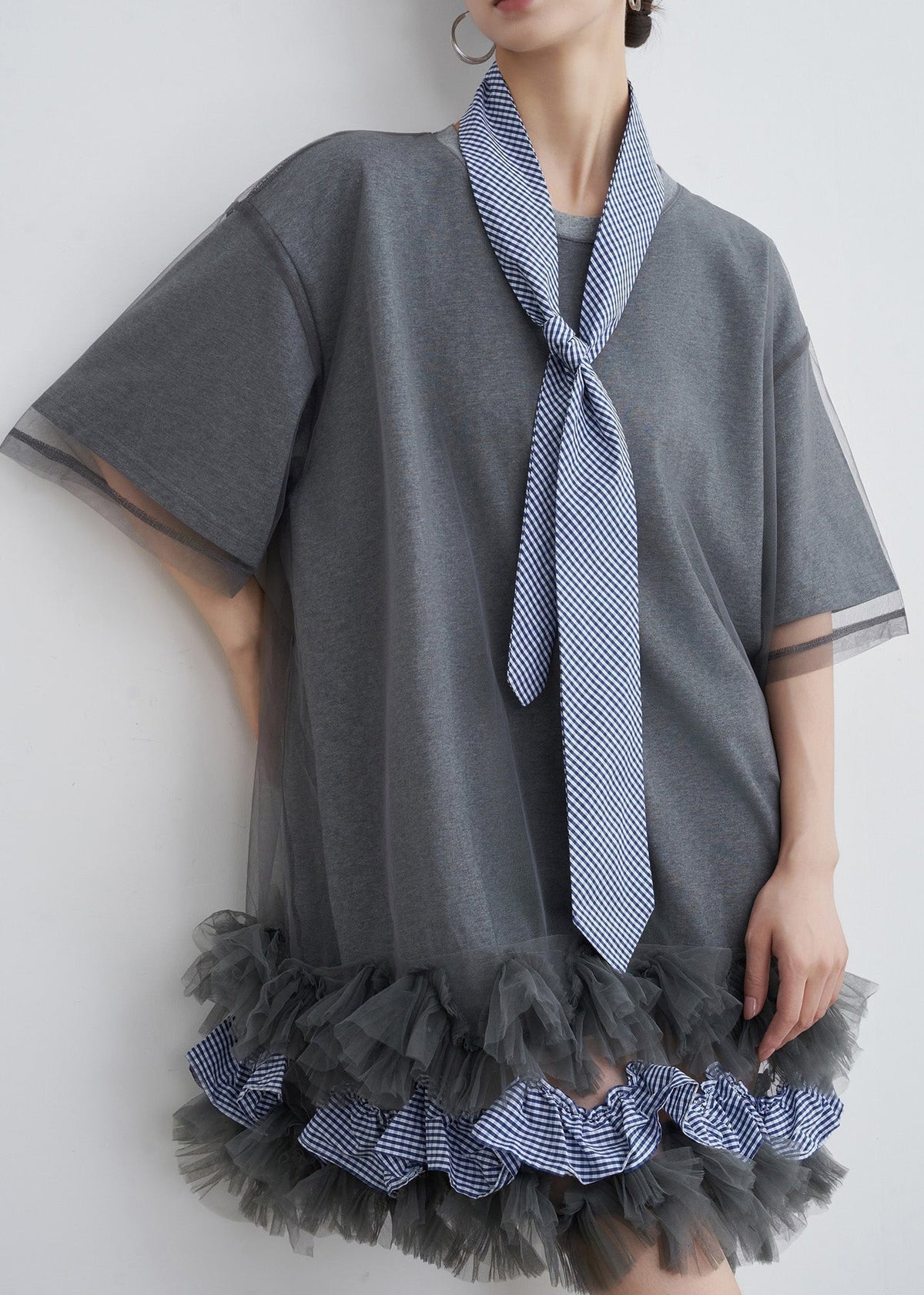Tulle Overlay Gingham Tie Neck Ruffle Hem Short Sleeve T Shirt Dress