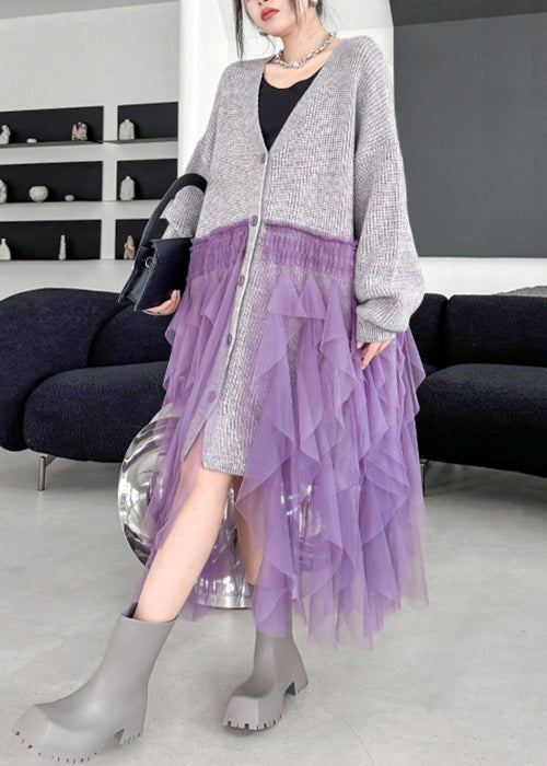 Art Grey Ruffled Tulle Patchwork Knit Cardigan Dress Spring 3