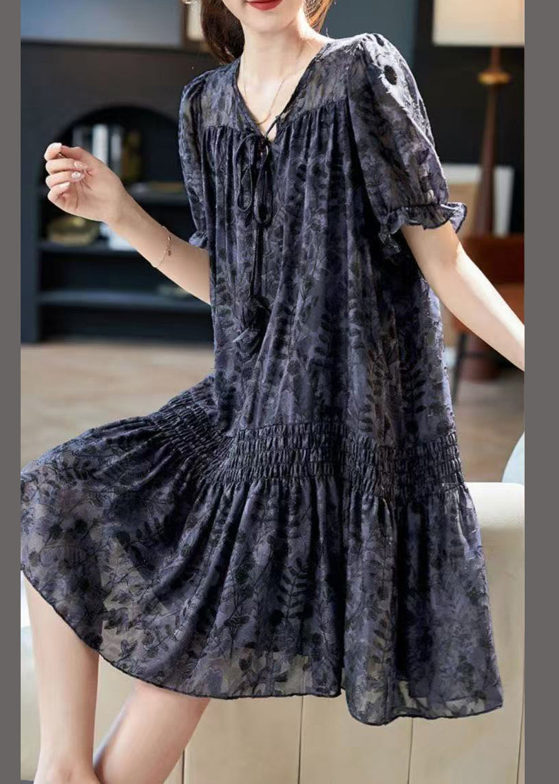 Burnout Floral V-Neck Tie Cord Short Sleeve Shirred Waist Ruffle Mini Dress