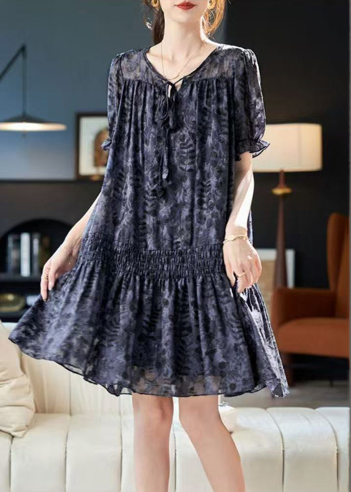 Burnout Floral V-Neck Tie Cord Short Sleeve Shirred Waist Ruffle Mini Dress