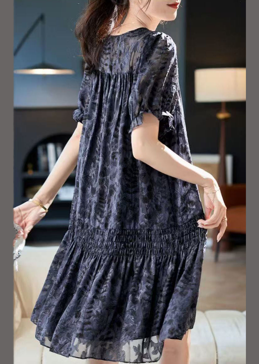 Burnout Floral V-Neck Tie Cord Short Sleeve Shirred Waist Ruffle Mini Dress