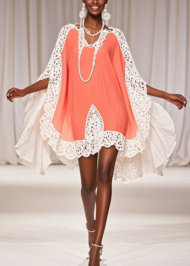 Crochet Lace Trim Butterfly Sleeve Chiffon V-Neck Kaftan Mini Dress