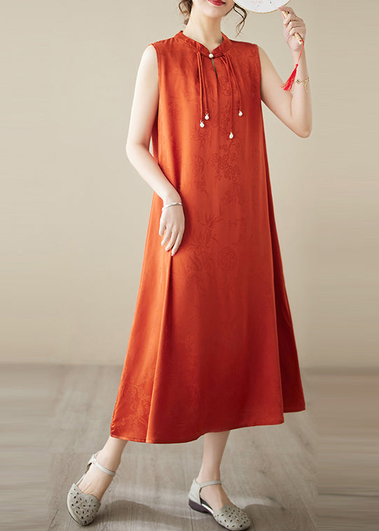 Jacquard Mandarin Collar Sleeveless Bead Tie Keyhole Midi Dress
