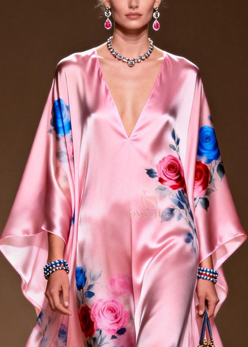 Floral Print Deep V-Neck Kimono Sleeve Satin Kaftan Maxi Party Gown