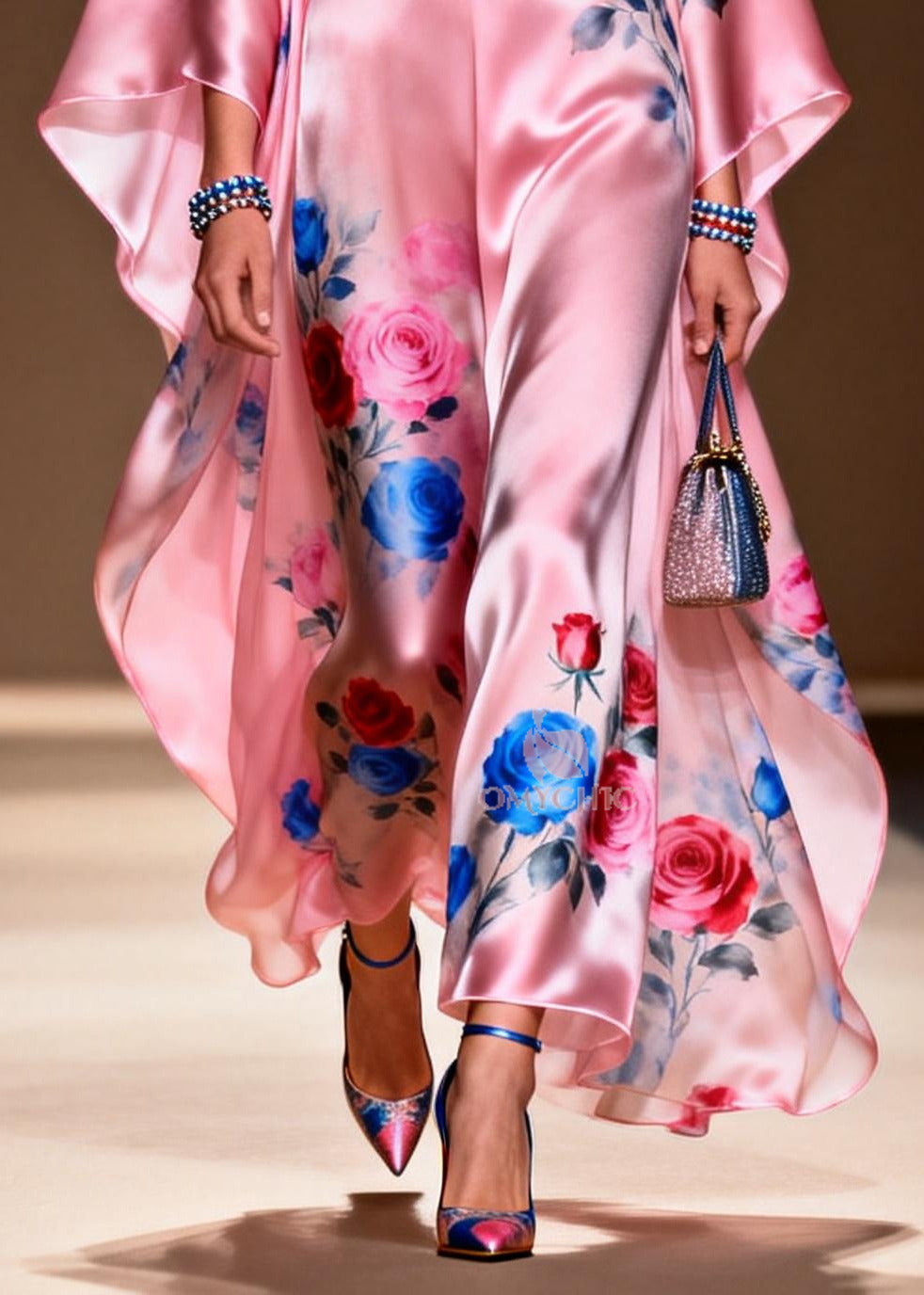 Floral Print Deep V-Neck Kimono Sleeve Satin Kaftan Maxi Party Gown