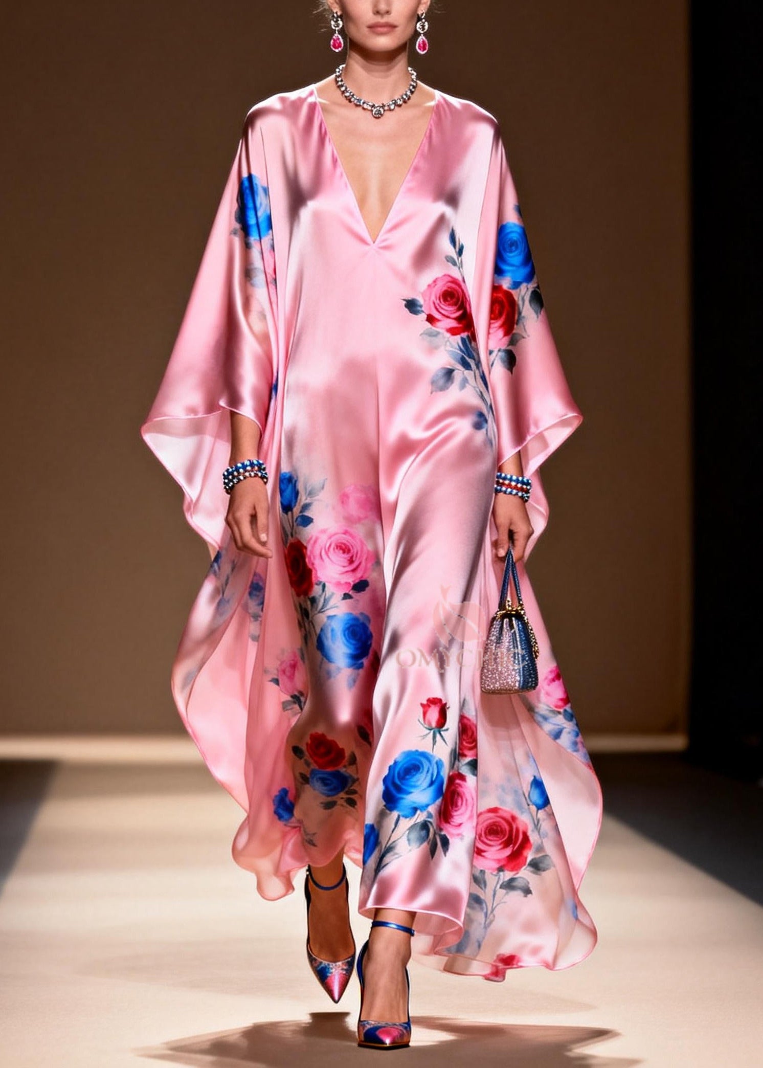 Floral Print Deep V-Neck Kimono Sleeve Satin Kaftan Maxi Party Gown