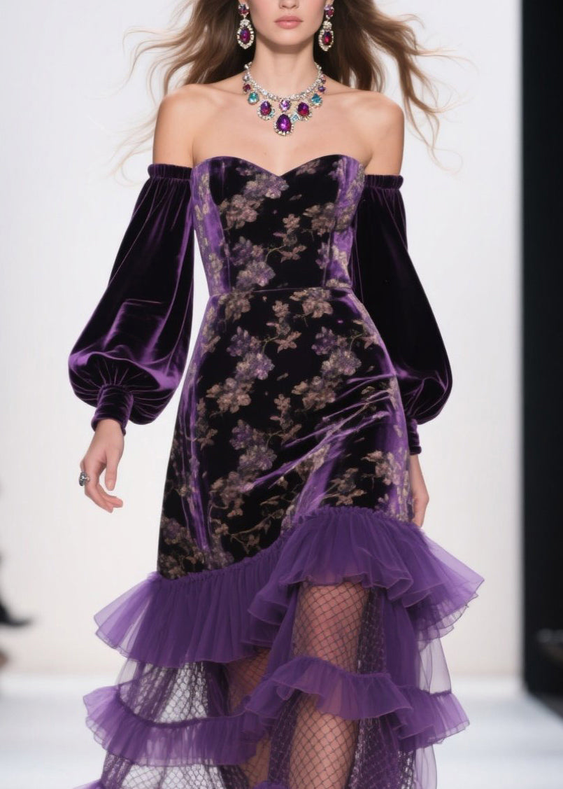 Art Purple Cold Shoulder Print Ruffled Velvet Dress Fall