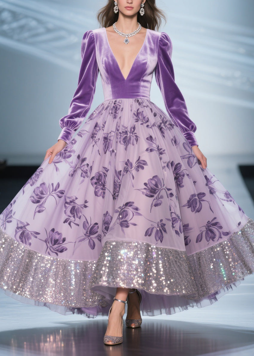 Velvet Deep V-Neck Bishop Sleeve Floral Print Sequin Hem Maxi Gown