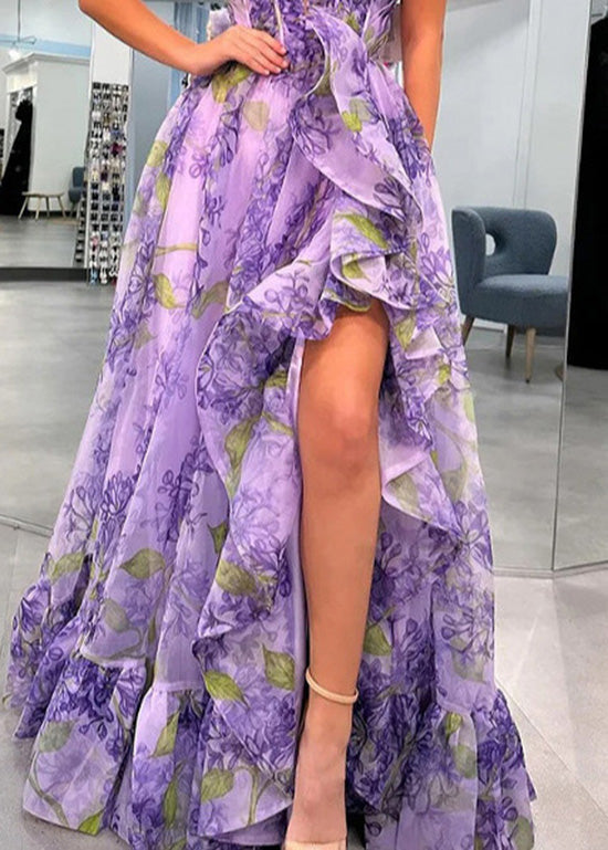 Art Purple Ruffled Asymmetrical Print Chiffon Dress Summer 5