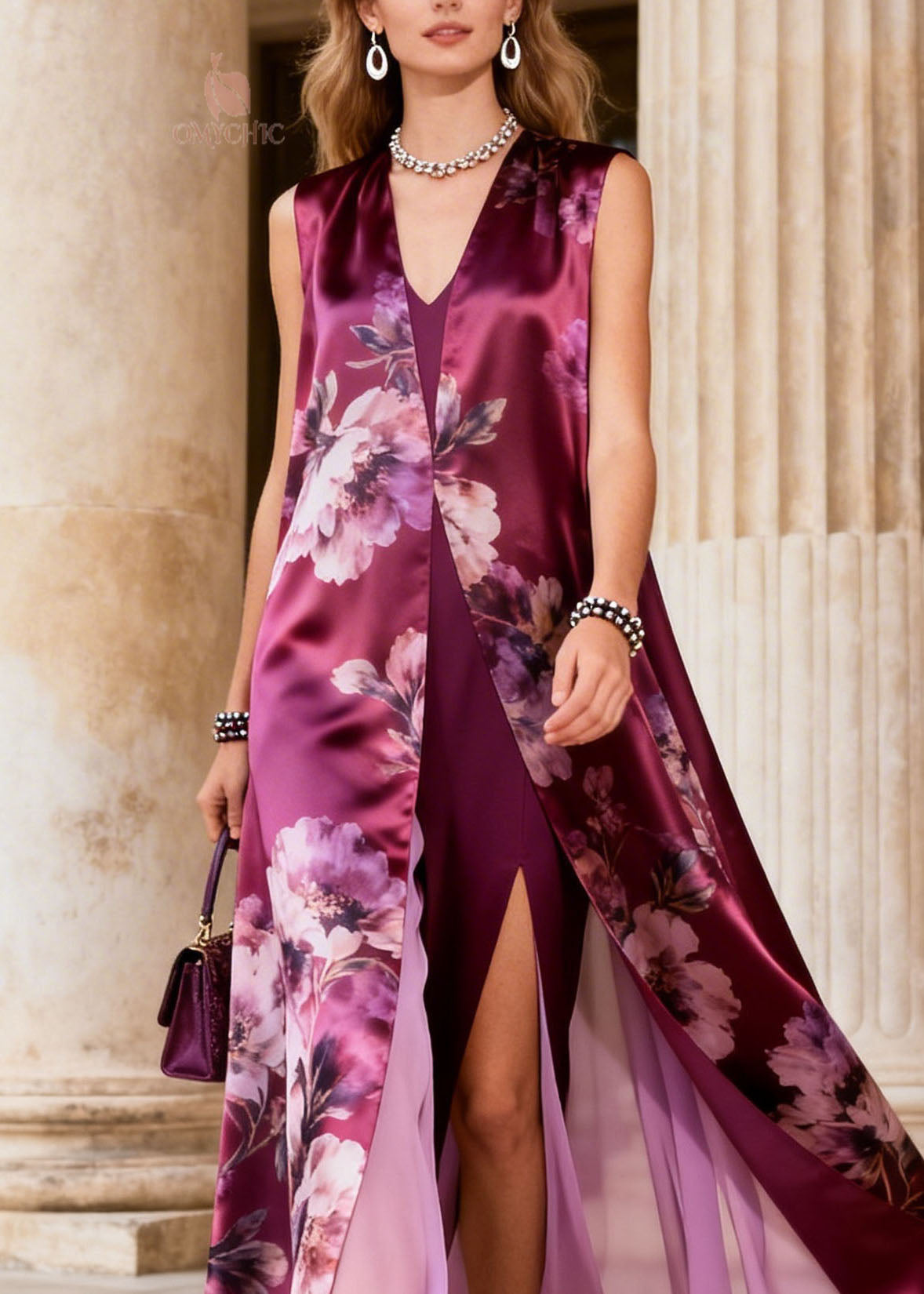 Floral Print Sleeveless Open Duster Overlay High Split Faux Two Piece Satin Maxi Dress