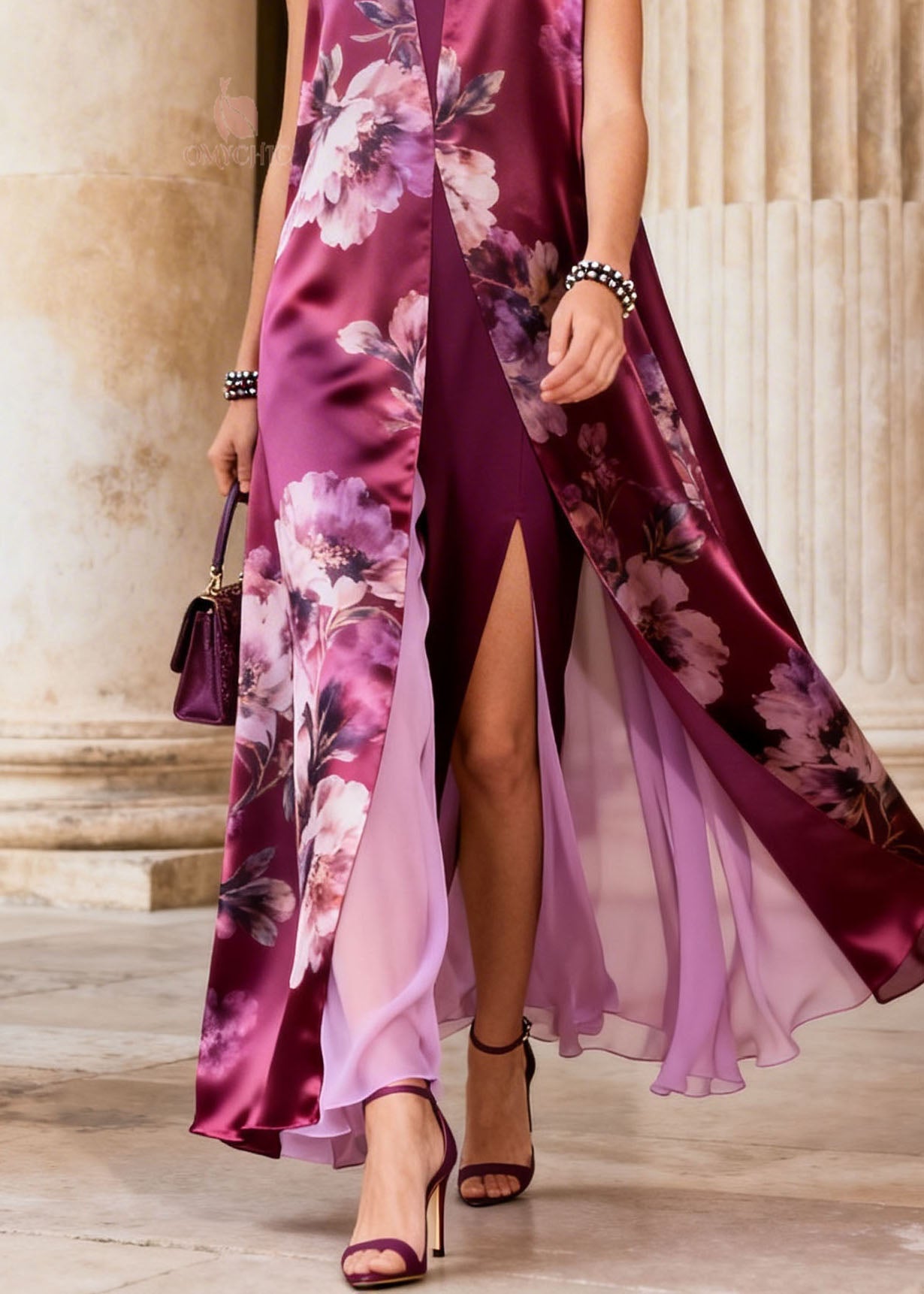 Floral Print Sleeveless Open Duster Overlay High Split Faux Two Piece Satin Maxi Dress