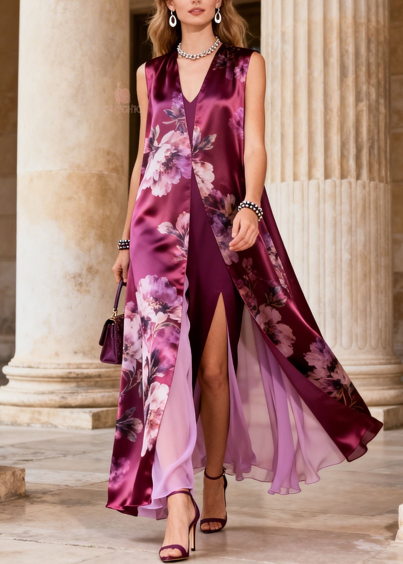 Floral Print Sleeveless Open Duster Overlay High Split Faux Two Piece Satin Maxi Dress