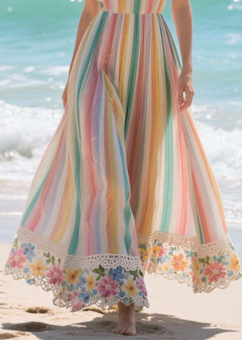 Halter Neck Sleeveless Striped Lace Trim Chiffon Maxi Dress