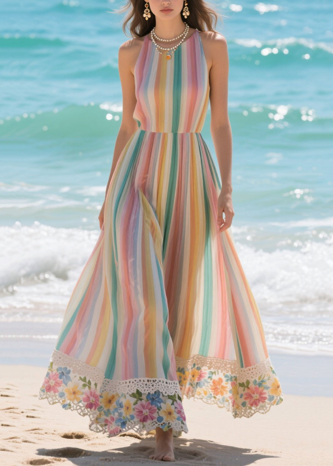 Halter Neck Sleeveless Striped Lace Trim Chiffon Maxi Dress