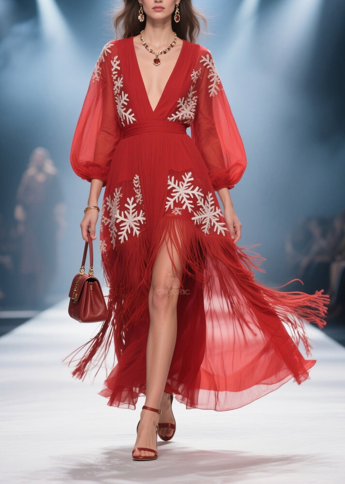 Deep V-Neck Bishop Sleeve Embroidered Tassel High Split Midi Dress - View 5