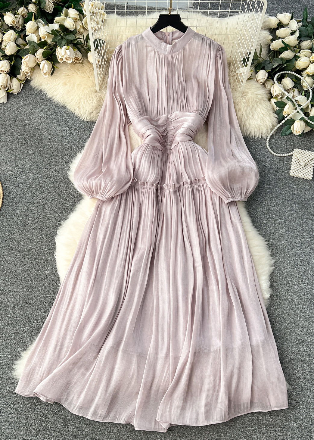 Accordion Pleat Mock Neck Lantern Sleeve Smocked Waistband Maxi Dress
