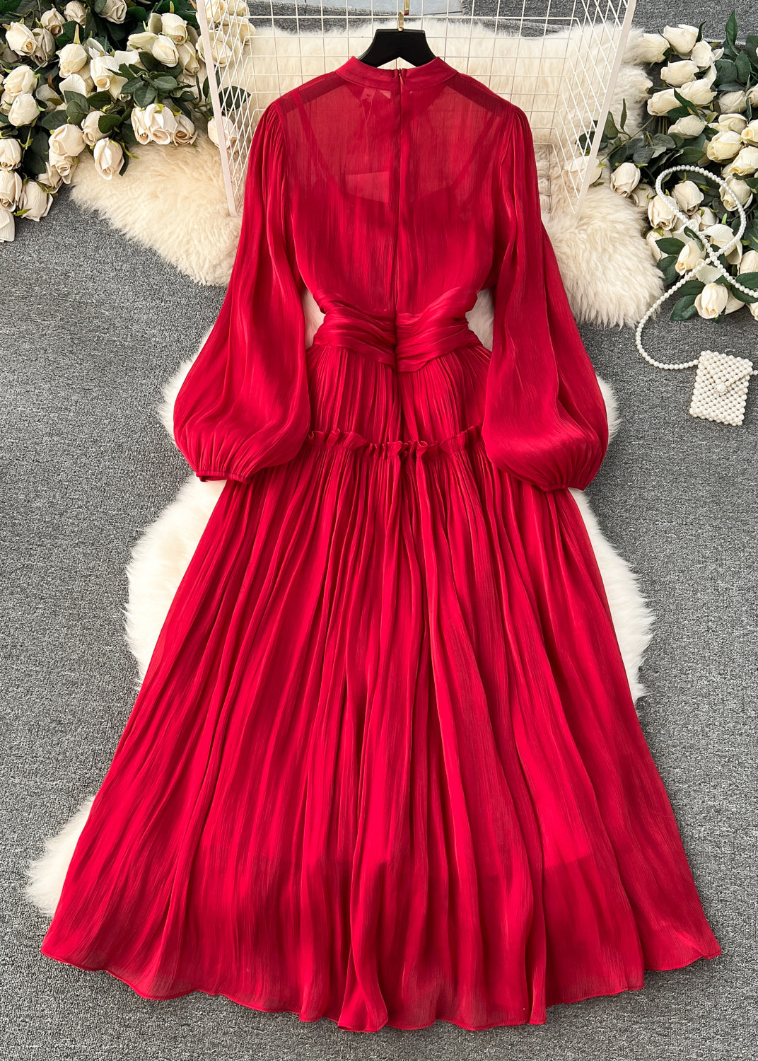 Accordion Pleat Mock Neck Lantern Sleeve Smocked Waistband Maxi Dress