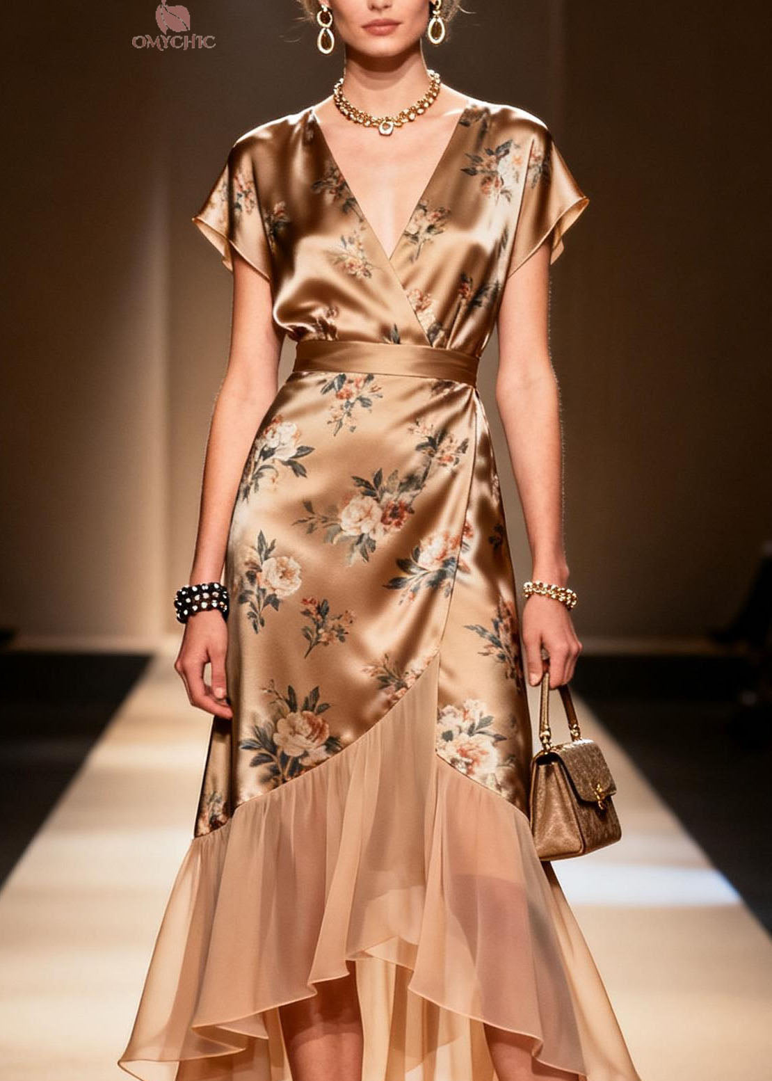Satin Floral Wrap V-Neck Cap Sleeve Asymmetrical Ruffle Hem Midi Dress