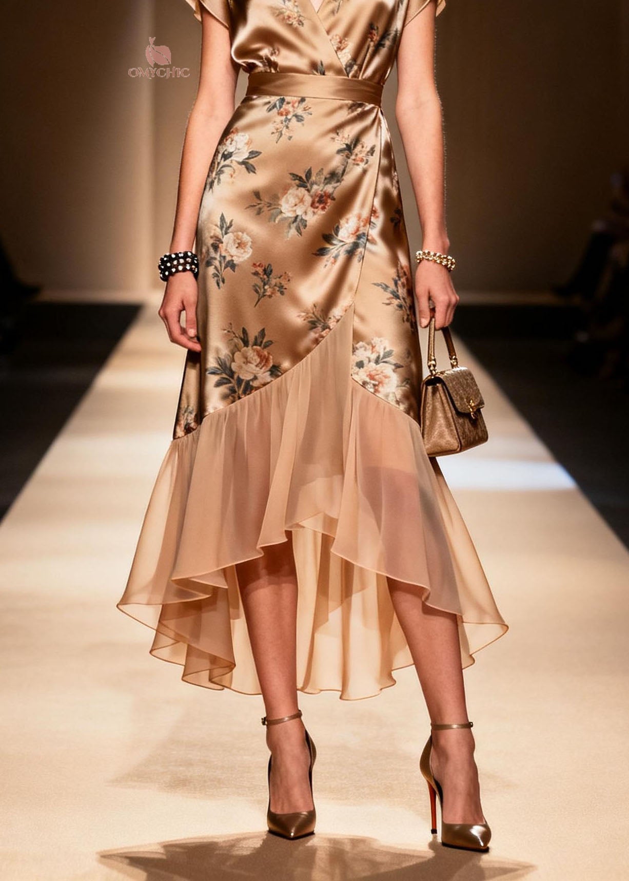Satin Floral Wrap V-Neck Cap Sleeve Asymmetrical Ruffle Hem Midi Dress