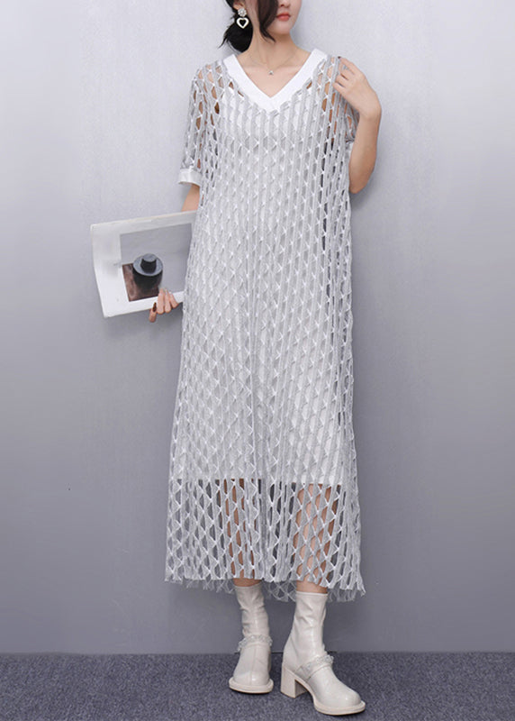 Art Silk V Neck Sheer Vacation Long Dresses Summer