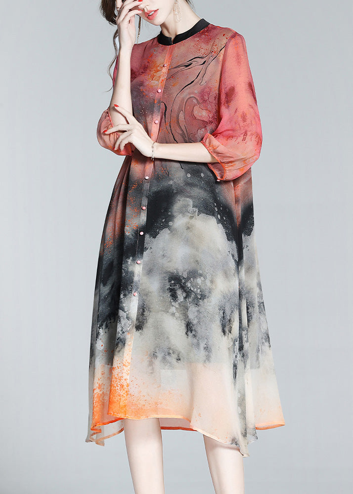 Abstract Print Mandarin Collar Button Down Three Quarter Sleeve Midi Shirt Dress