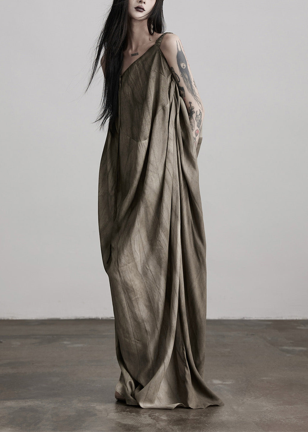 One Shoulder Oversized Draped Vertical Stripe Maxi Gown