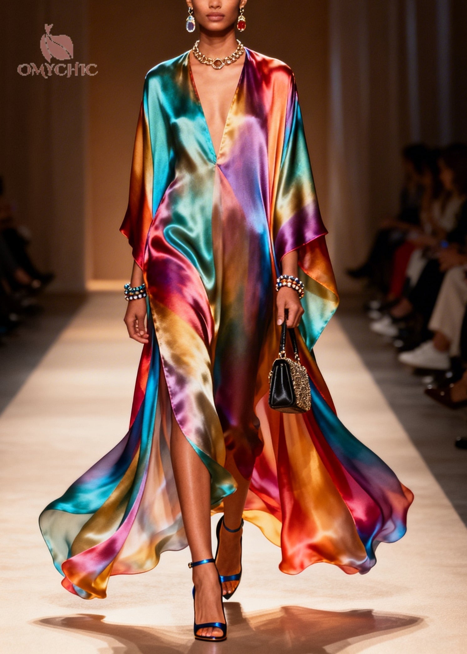 Tie Dye Deep V-Neck Batwing Sleeve High Split Satin Kaftan Maxi Dress