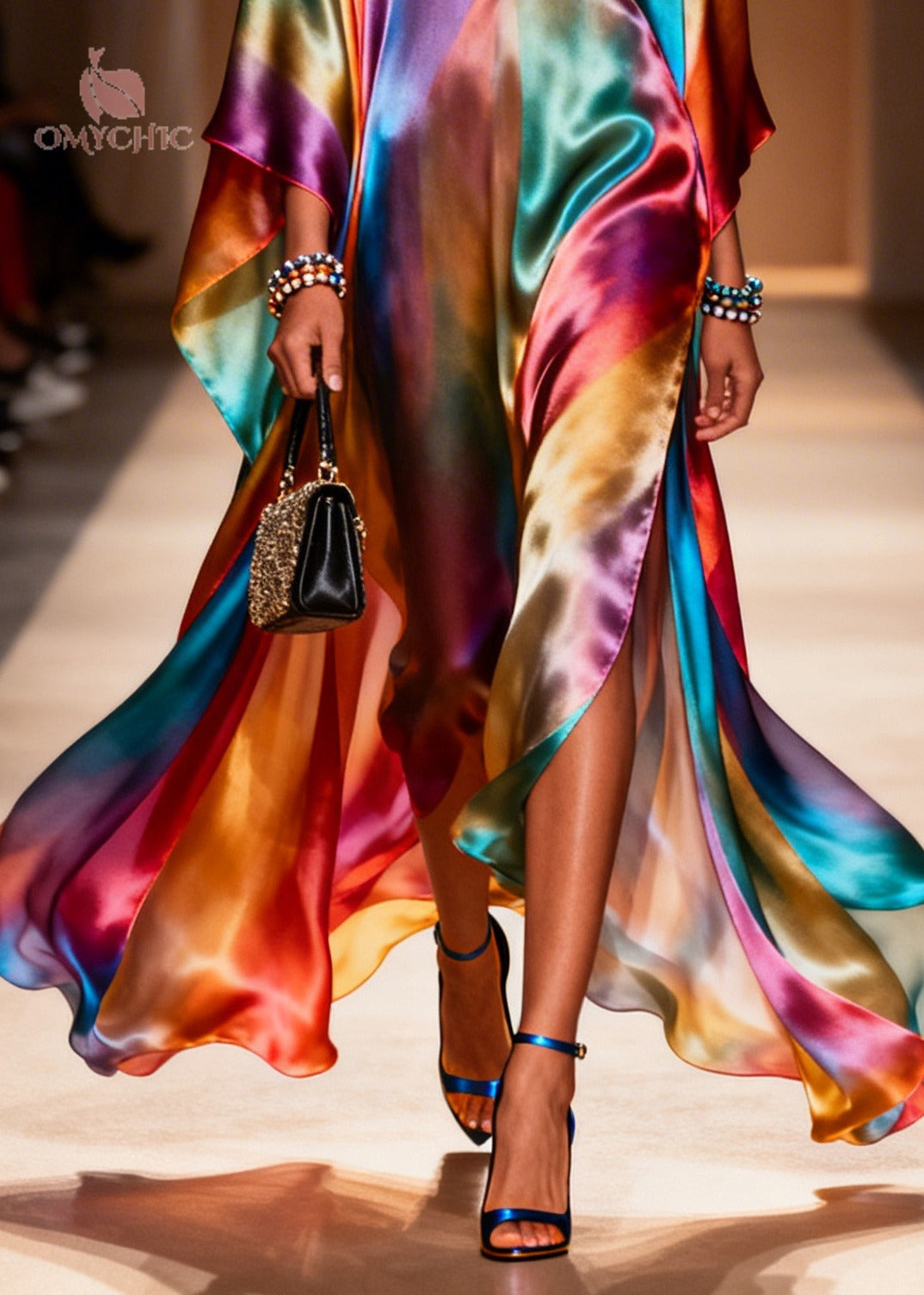Tie Dye Deep V-Neck Batwing Sleeve High Split Satin Kaftan Maxi Dress