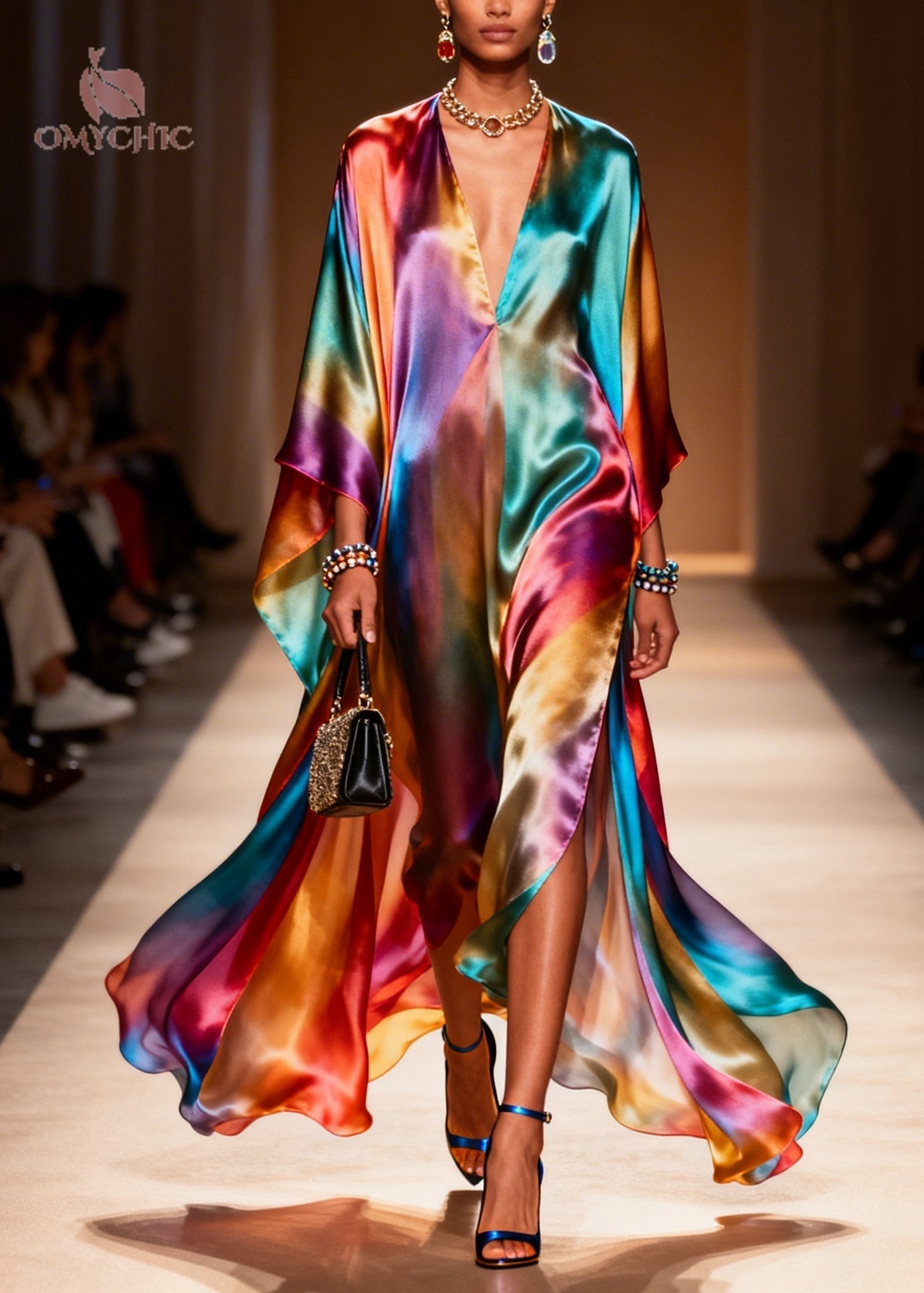 Tie Dye Deep V-Neck Batwing Sleeve High Split Satin Kaftan Maxi Dress