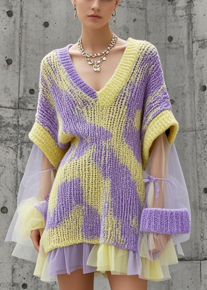 Abstract Chunky Knit Layered Mesh Ruffle Hem Oversized Mini Dress
