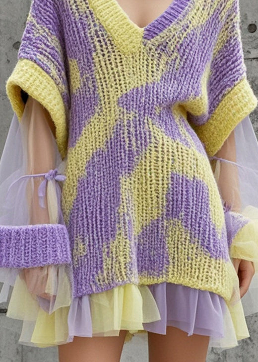 Abstract Chunky Knit Layered Mesh Ruffle Hem Oversized Mini Dress