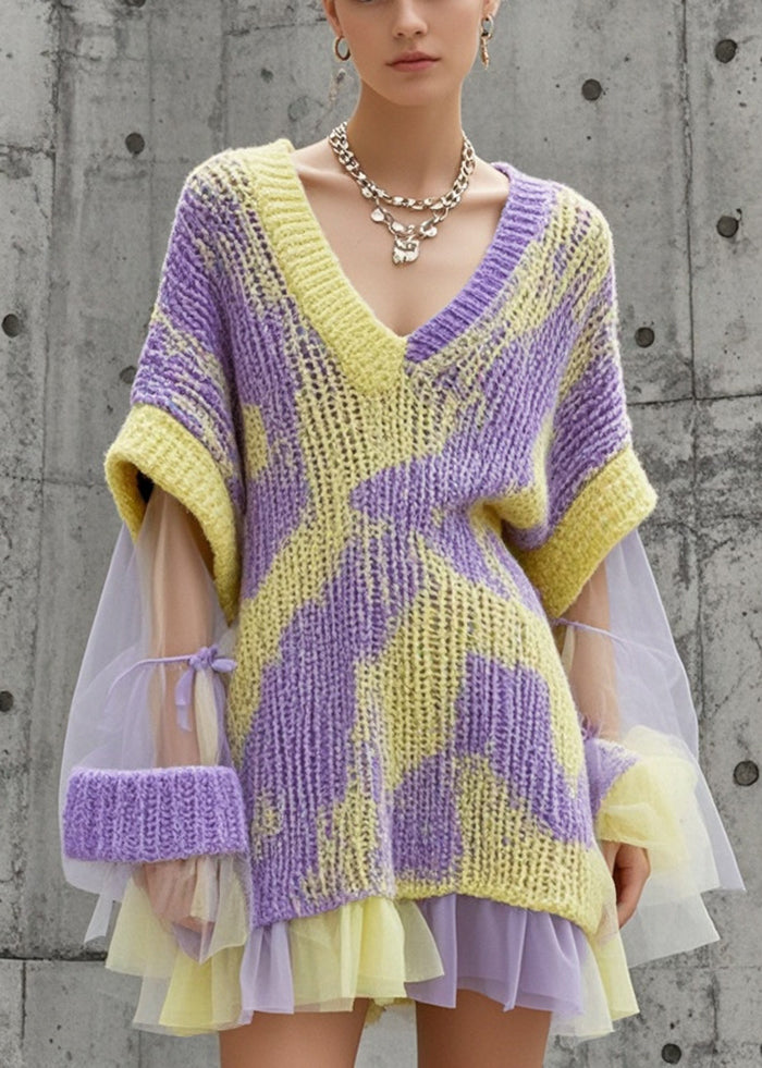 Abstract Chunky Knit Layered Mesh Ruffle Hem Oversized Mini Dress