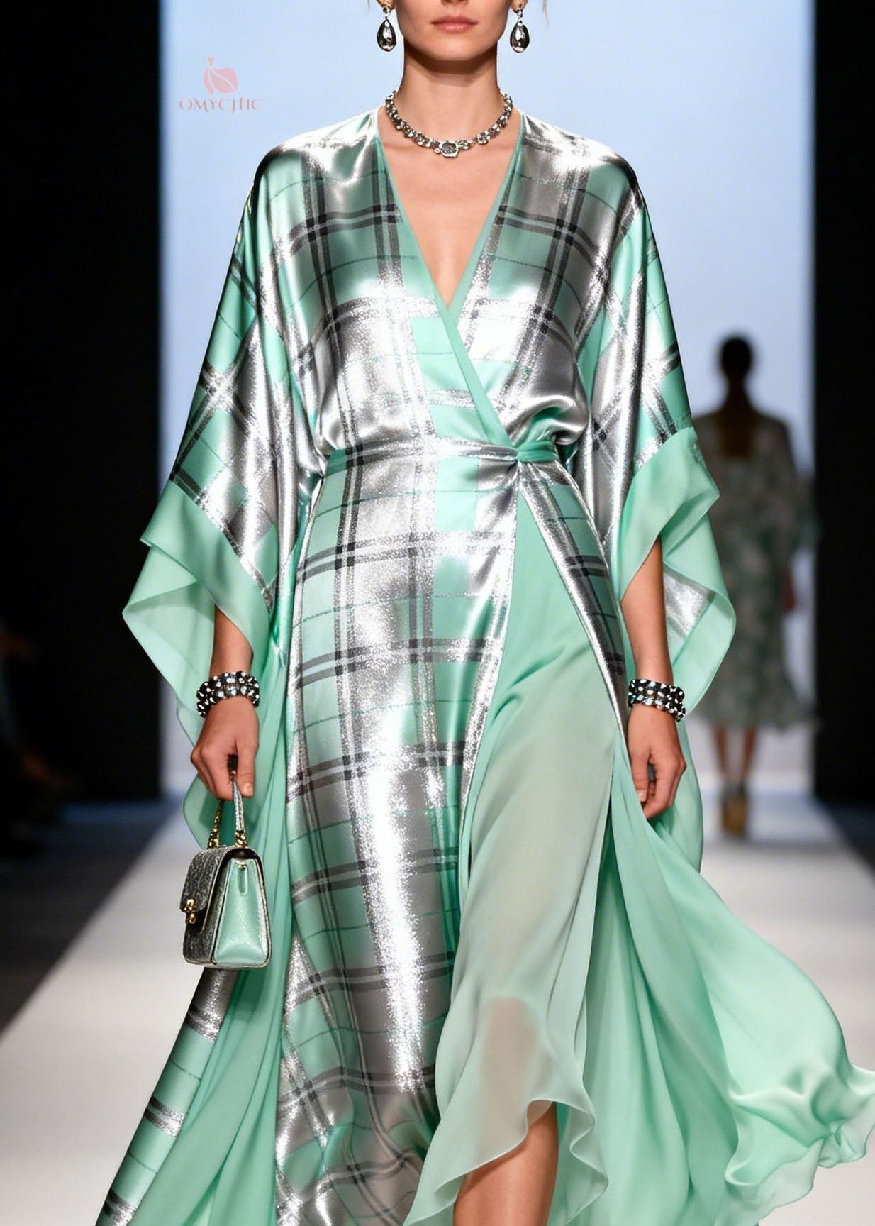 Metallic Plaid Wrap V-Neck Cape Sleeve Sheer Ruffle Hem Maxi Gown