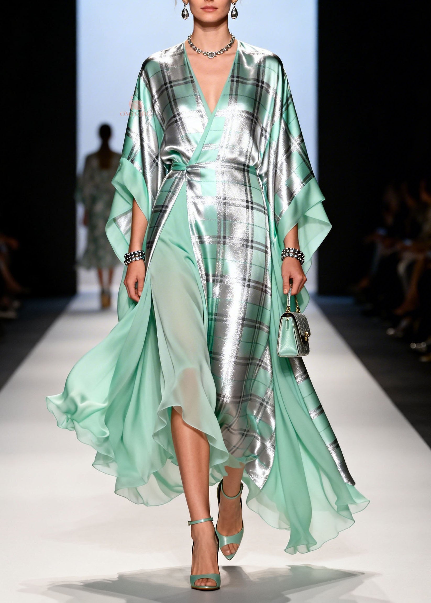 Metallic Plaid Wrap V-Neck Cape Sleeve Sheer Ruffle Hem Maxi Gown