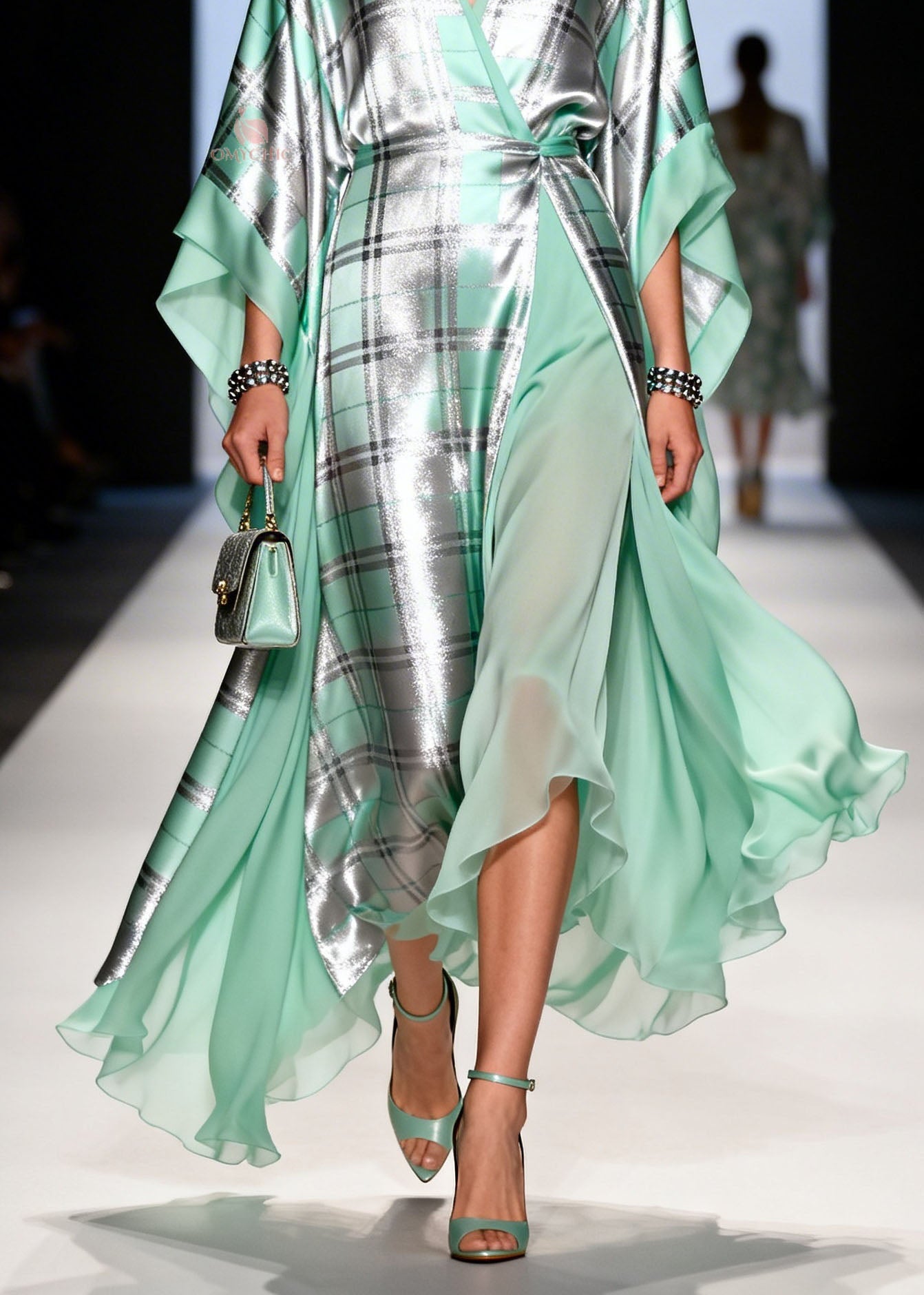 Metallic Plaid Wrap V-Neck Cape Sleeve Sheer Ruffle Hem Maxi Gown