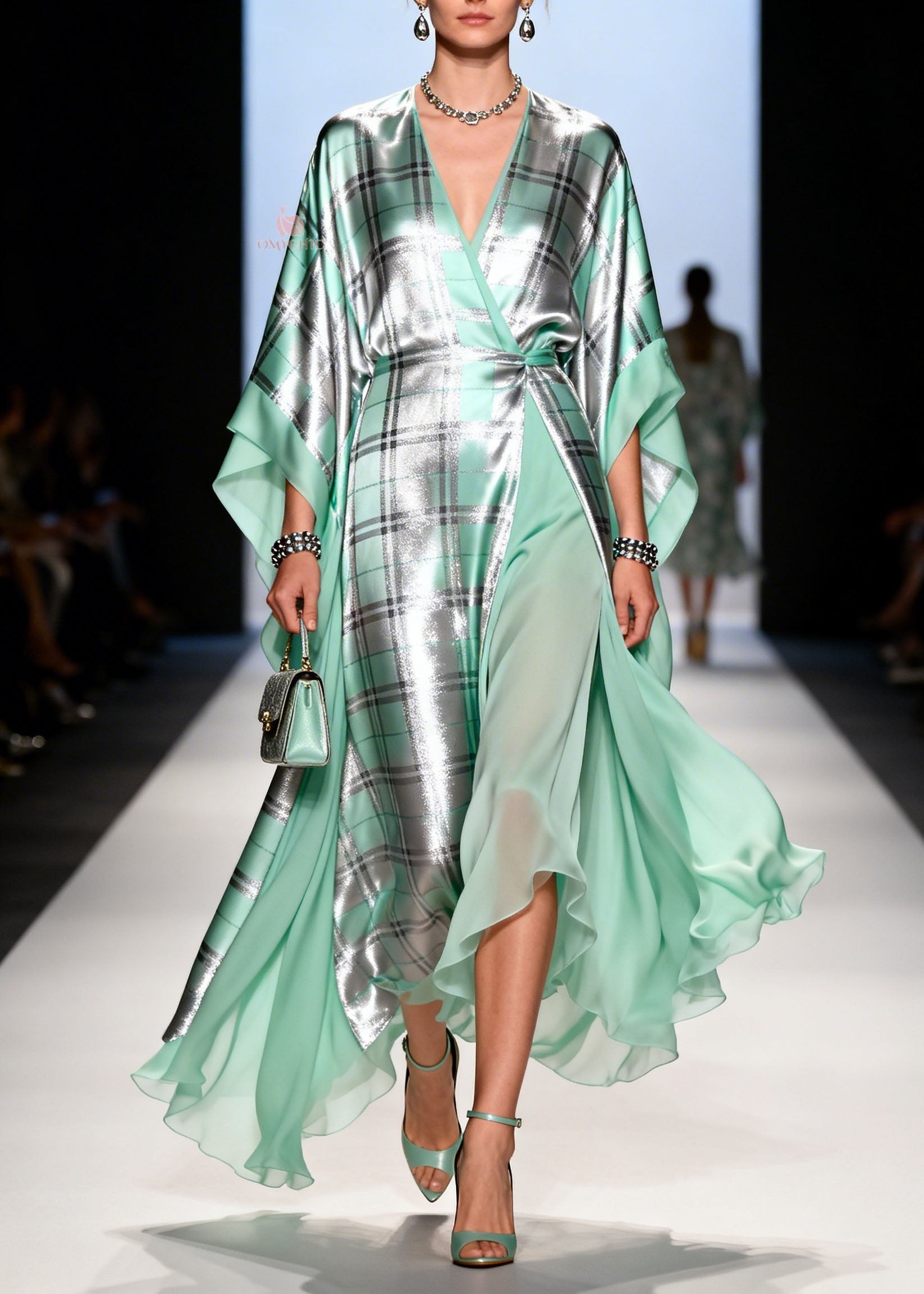 Metallic Plaid Wrap V-Neck Cape Sleeve Sheer Ruffle Hem Maxi Gown